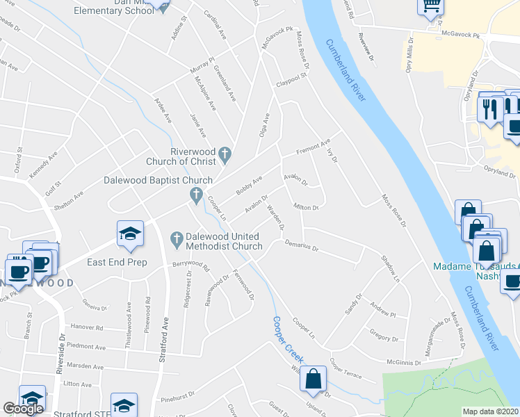 map of restaurants, bars, coffee shops, grocery stores, and more near 1932 Avalon Drive in Nashville