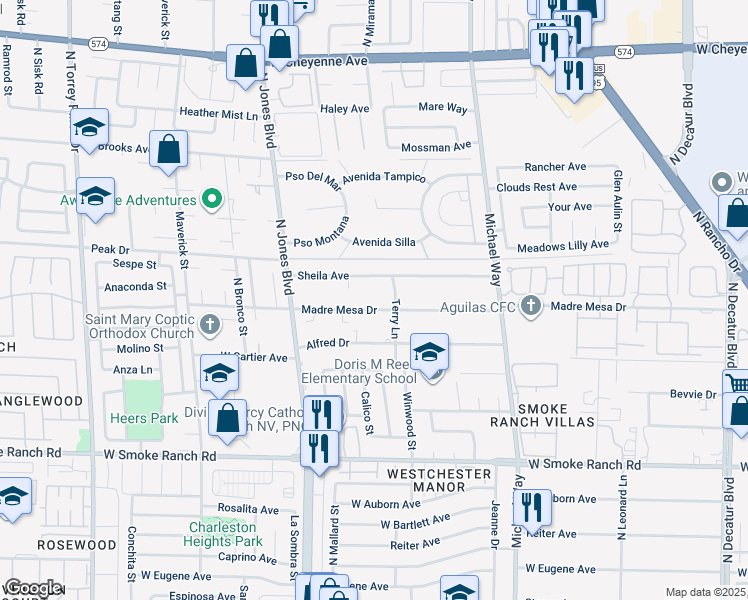 map of restaurants, bars, coffee shops, grocery stores, and more near 5754 Madre Mesa Drive in Las Vegas