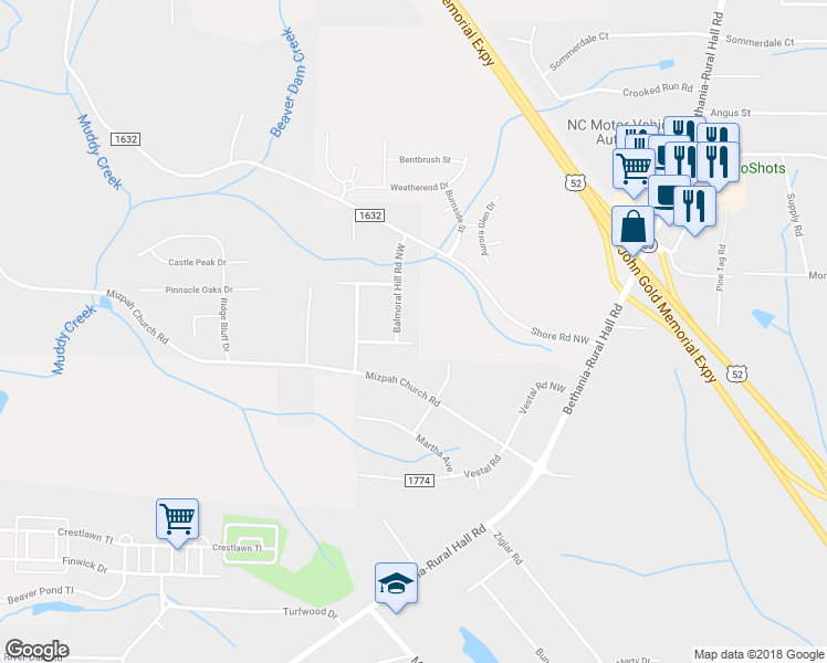 map of restaurants, bars, coffee shops, grocery stores, and more near 105 Prestwick Lane Northwest in Rural Hall