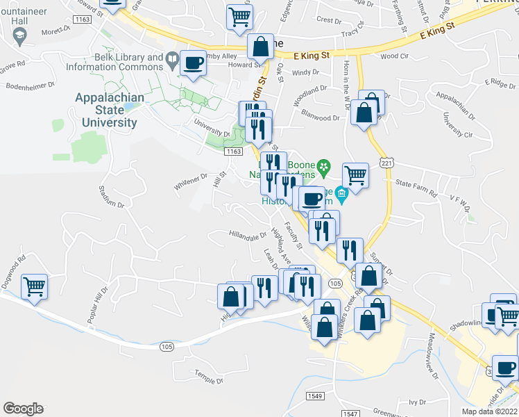 map of restaurants, bars, coffee shops, grocery stores, and more near 149 Psi Drive in Boone