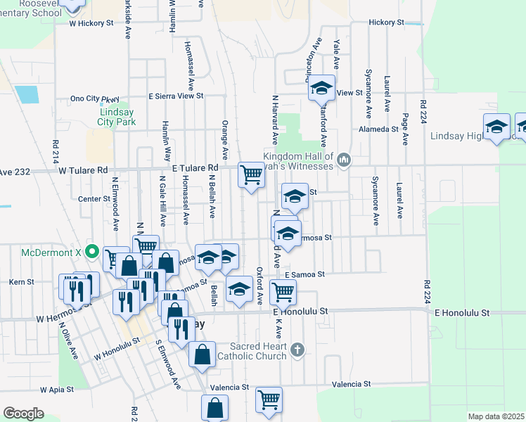 map of restaurants, bars, coffee shops, grocery stores, and more near 374 Oxford Avenue in Lindsay