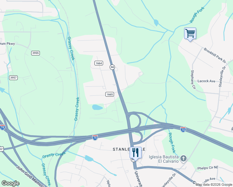 map of restaurants, bars, coffee shops, grocery stores, and more near 6590 University Parkway in Rural Hall