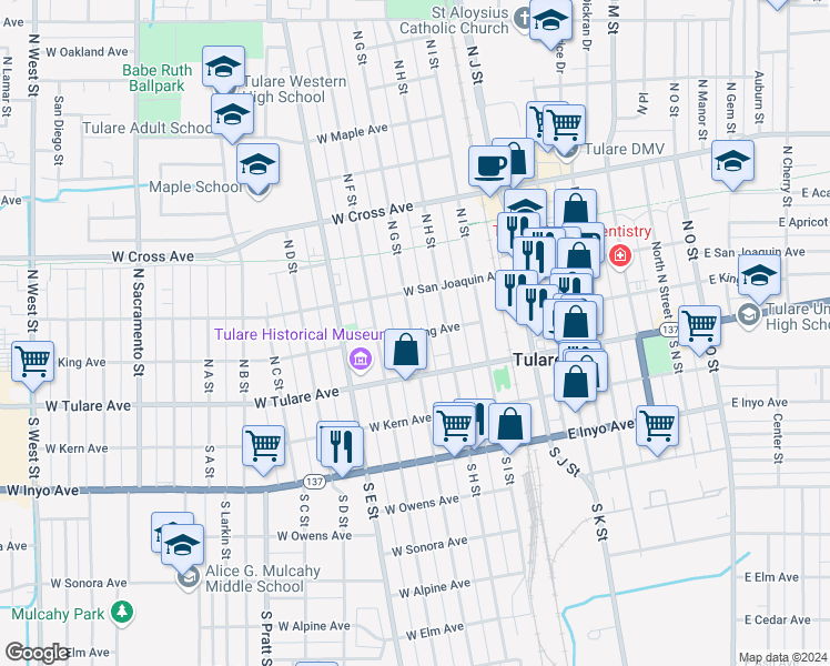 map of restaurants, bars, coffee shops, grocery stores, and more near 246 West King Avenue in Tulare