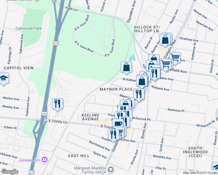 map of restaurants, bars, coffee shops, grocery stores, and more near 3207 Coney Street in Nashville