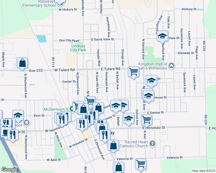 map of restaurants, bars, coffee shops, grocery stores, and more near 468 Homassel Avenue in Lindsay
