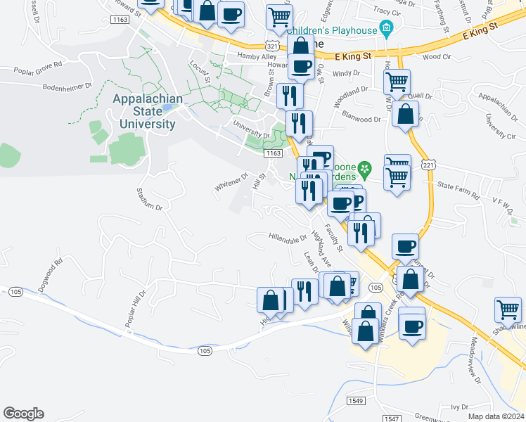map of restaurants, bars, coffee shops, grocery stores, and more near 211 Misty Lane in Boone
