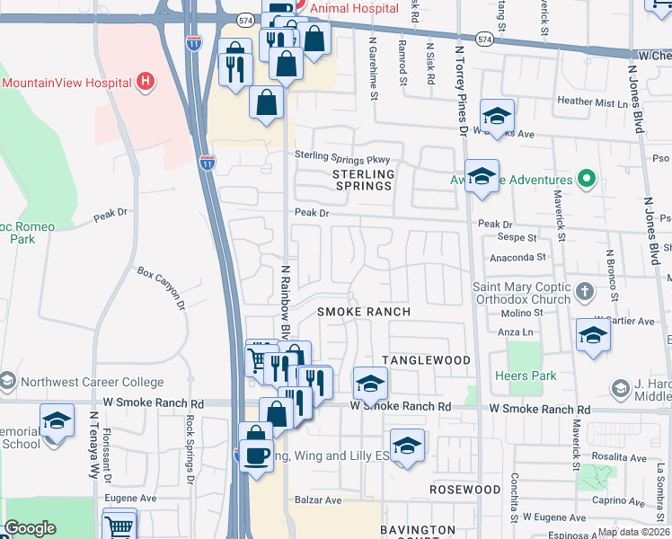 map of restaurants, bars, coffee shops, grocery stores, and more near 2613 Camphor Tree Street in Las Vegas