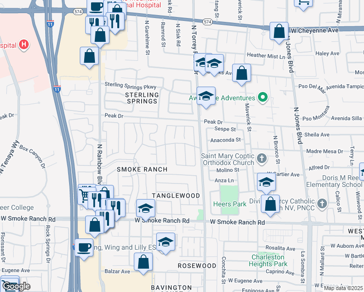 map of restaurants, bars, coffee shops, grocery stores, and more near 2633 Shakespeare Road in Las Vegas
