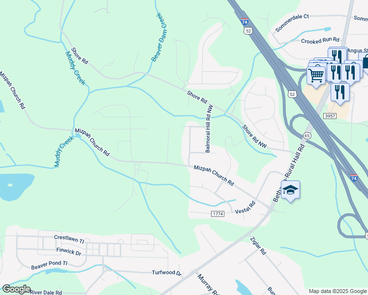 map of restaurants, bars, coffee shops, grocery stores, and more near 6430 Bannockburn Road Northwest in Rural Hall