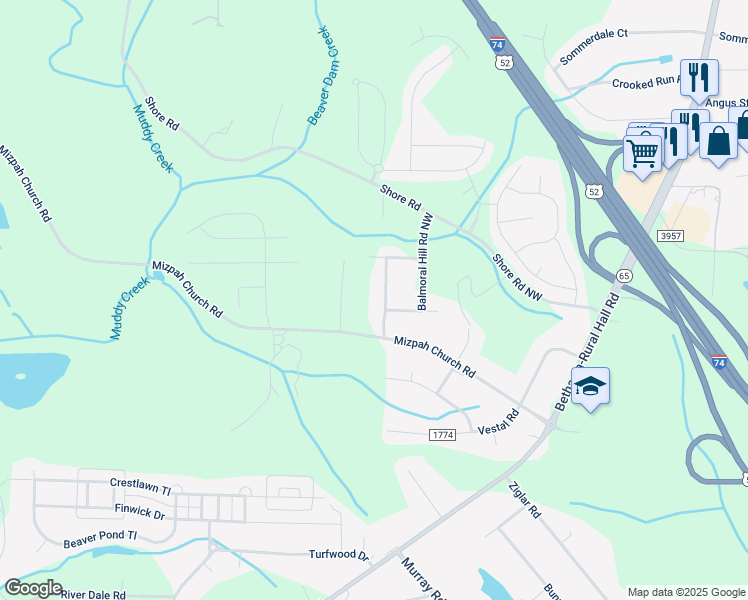 map of restaurants, bars, coffee shops, grocery stores, and more near 6430 Bannockburn Road Northwest in Rural Hall