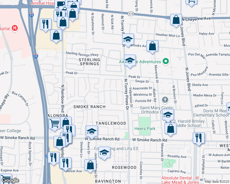 map of restaurants, bars, coffee shops, grocery stores, and more near 2633 Shakespeare Road in Las Vegas