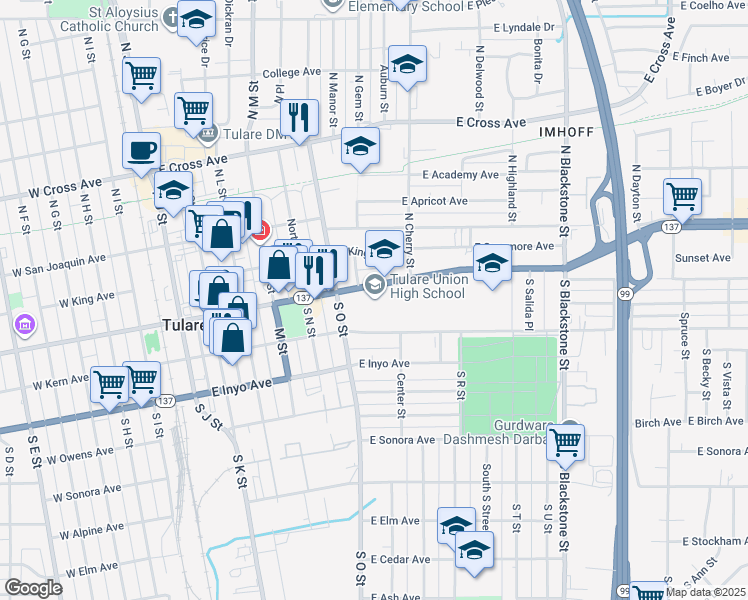 map of restaurants, bars, coffee shops, grocery stores, and more near 755 East Tulare Avenue in Tulare