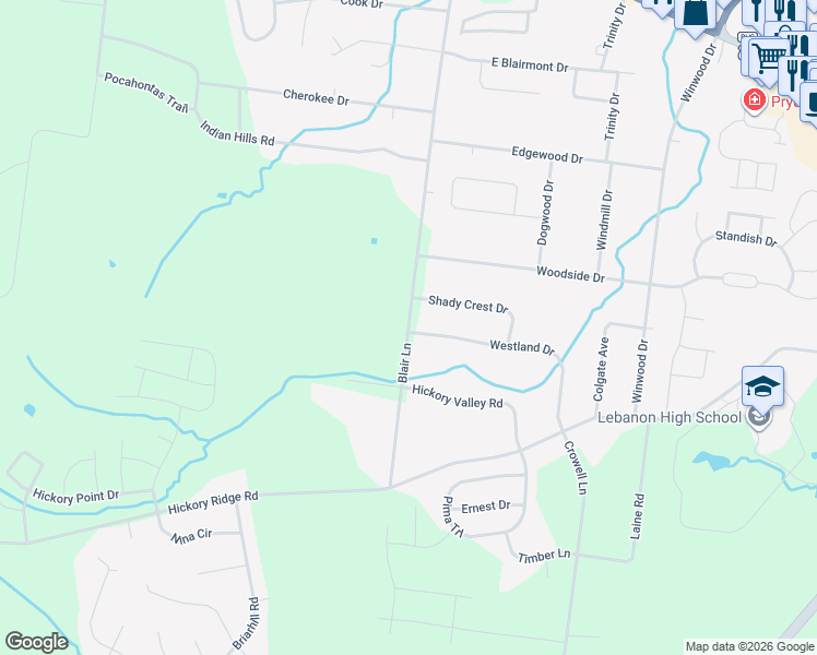 map of restaurants, bars, coffee shops, grocery stores, and more near 1624 Westland Drive in Lebanon