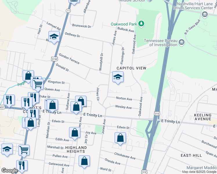 map of restaurants, bars, coffee shops, grocery stores, and more near 2201 Jones Avenue in Nashville