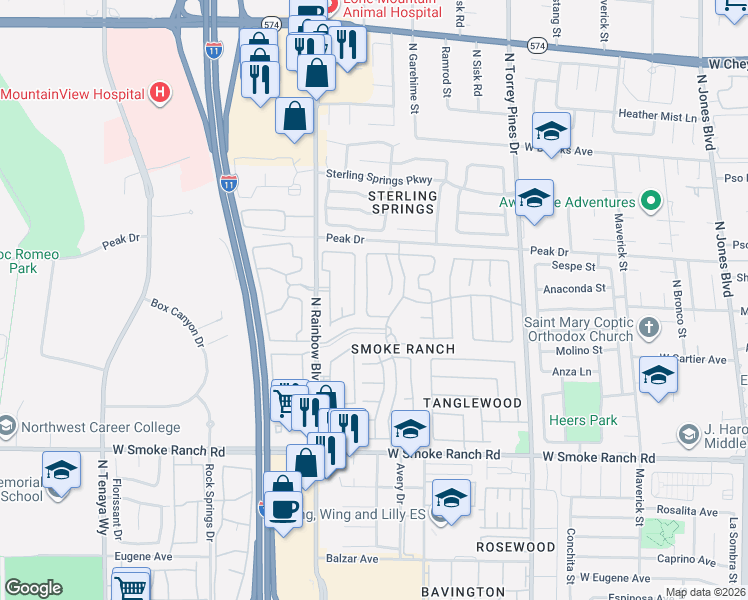 map of restaurants, bars, coffee shops, grocery stores, and more near 2613 Camphor Tree Street in Las Vegas