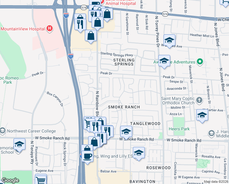 map of restaurants, bars, coffee shops, grocery stores, and more near 2613 Camphor Tree Street in Las Vegas