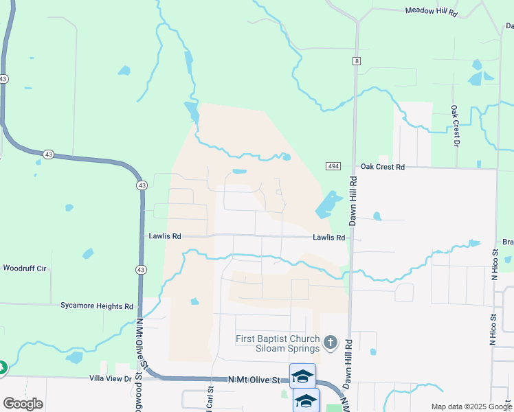 map of restaurants, bars, coffee shops, grocery stores, and more near 23050 Lawlis Road in Siloam Springs