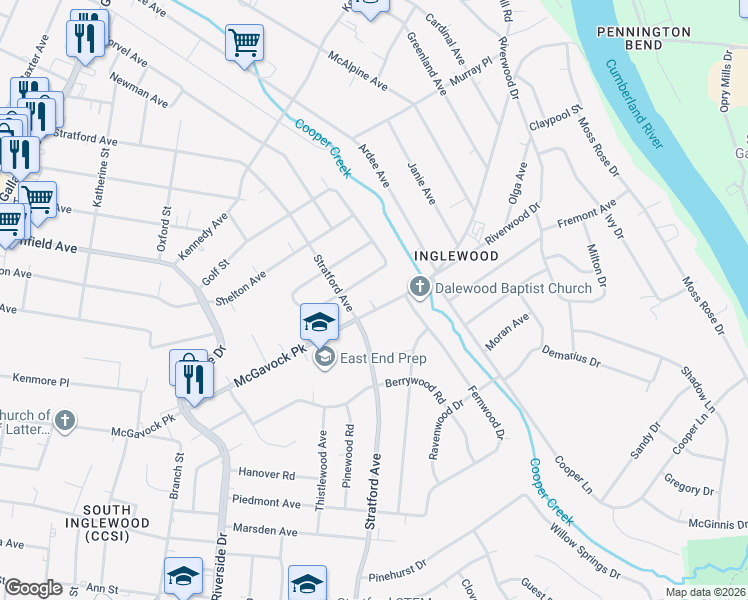 map of restaurants, bars, coffee shops, grocery stores, and more near 1507 McGavock Pike in Nashville