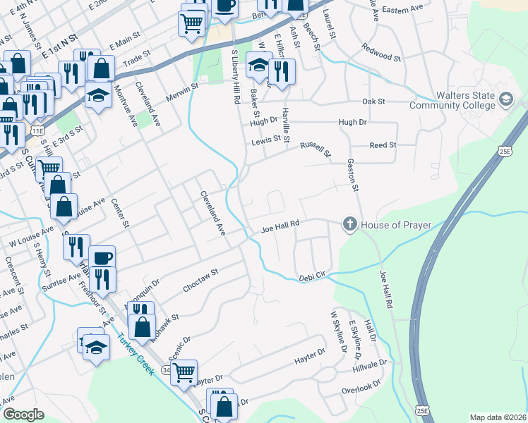 map of restaurants, bars, coffee shops, grocery stores, and more near 1103 Liberty Hall Drive in Morristown