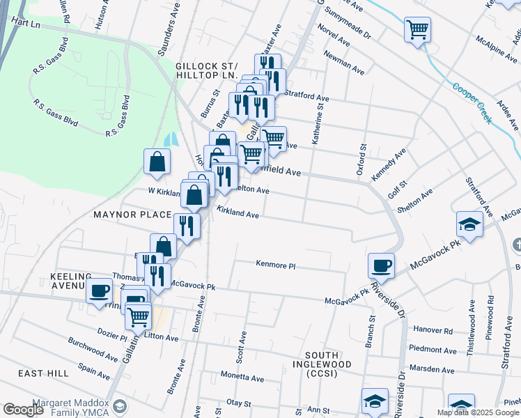 map of restaurants, bars, coffee shops, grocery stores, and more near 1133 Kirkland Avenue in Nashville