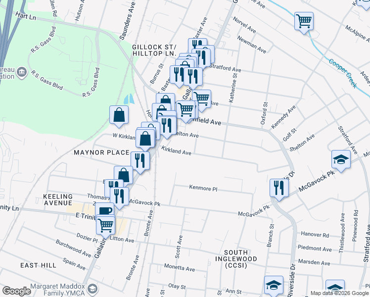map of restaurants, bars, coffee shops, grocery stores, and more near 1121 Kirkland Avenue in Nashville