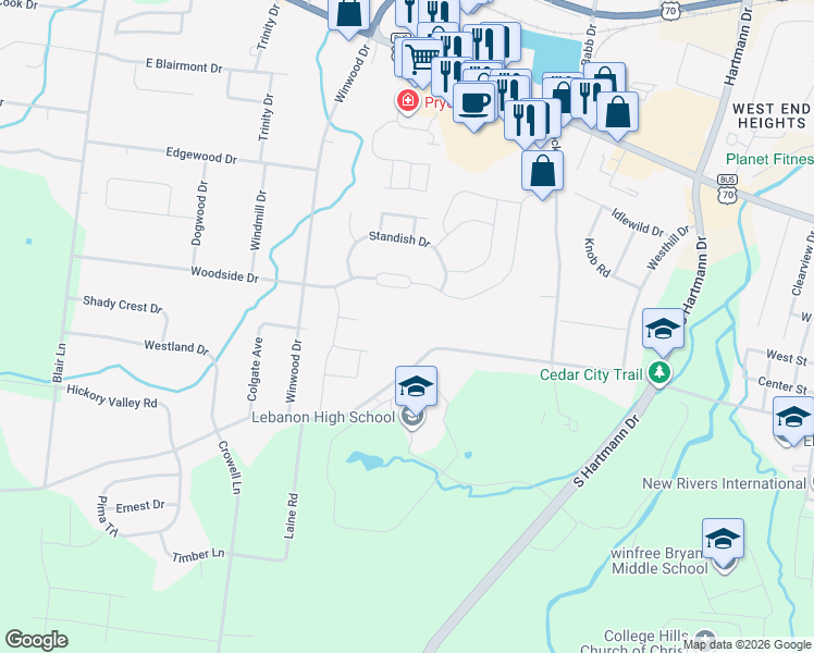 map of restaurants, bars, coffee shops, grocery stores, and more near 1929 Hickory Ridge Road in Lebanon