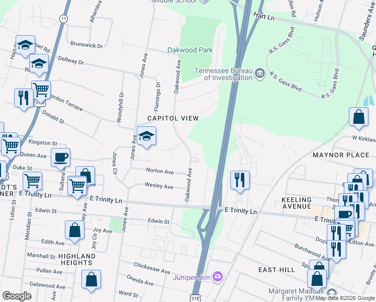 map of restaurants, bars, coffee shops, grocery stores, and more near 2050 Oakwood Avenue in Nashville