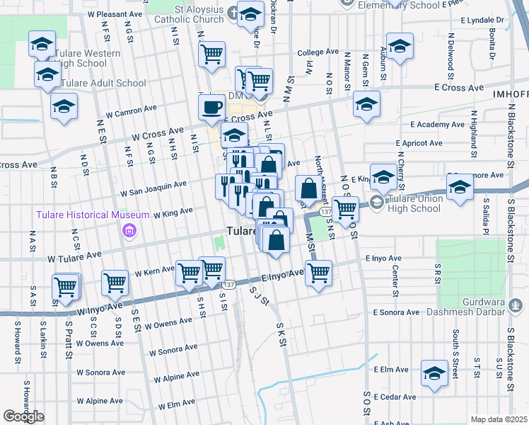 map of restaurants, bars, coffee shops, grocery stores, and more near 210 East Tulare Avenue in Tulare