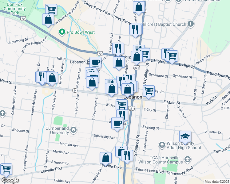 map of restaurants, bars, coffee shops, grocery stores, and more near 225 West Main Street in Lebanon