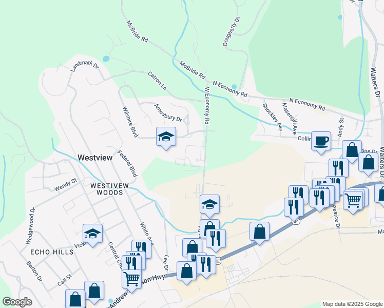 map of restaurants, bars, coffee shops, grocery stores, and more near 555 West Economy Road in Morristown