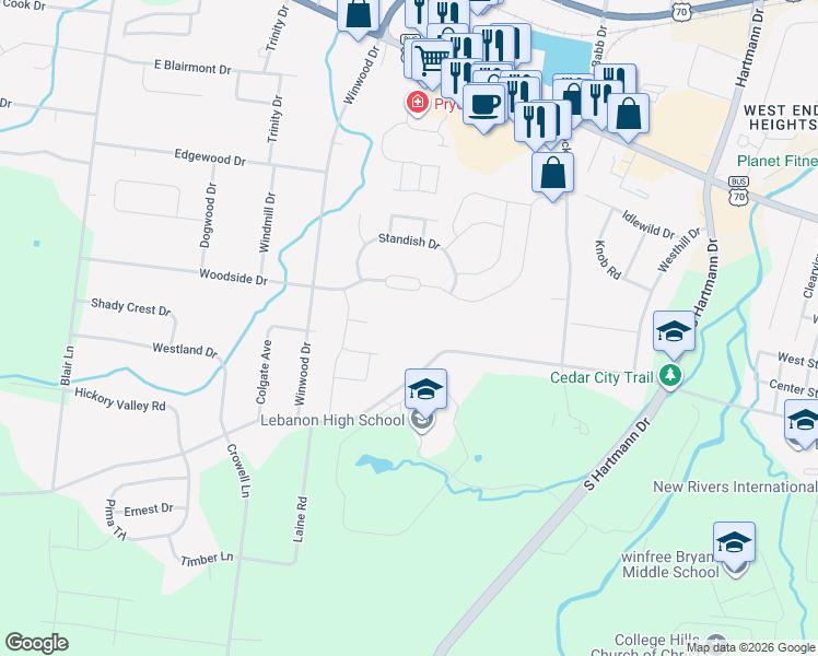 map of restaurants, bars, coffee shops, grocery stores, and more near 1929 Hickory Ridge Road in Lebanon