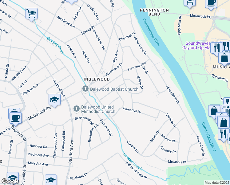 map of restaurants, bars, coffee shops, grocery stores, and more near 1932 Avalon Drive in Nashville