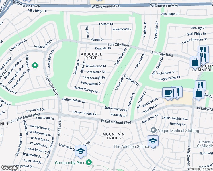 map of restaurants, bars, coffee shops, grocery stores, and more near 2620 High Range Drive in Las Vegas