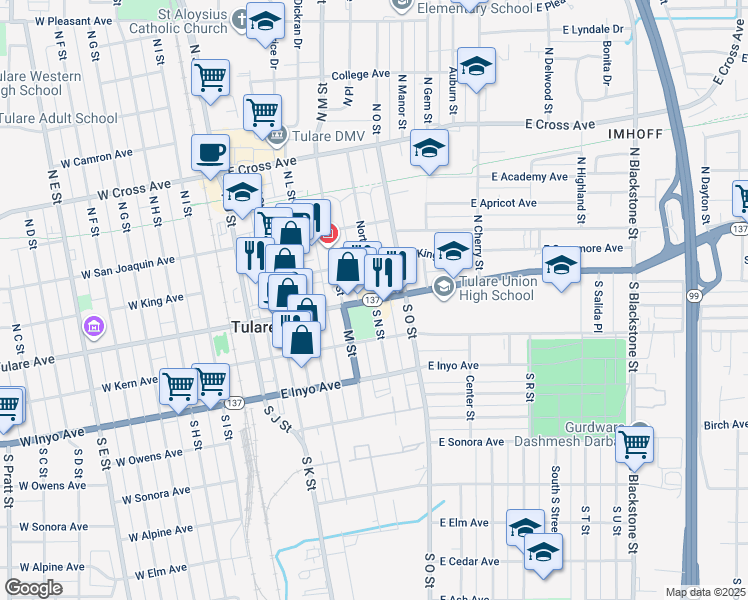 map of restaurants, bars, coffee shops, grocery stores, and more near 499 East Tulare Avenue in Tulare