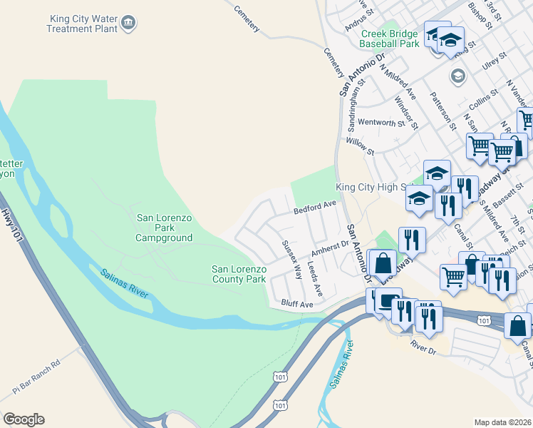 map of restaurants, bars, coffee shops, grocery stores, and more near 1316 Bedford Avenue in King City