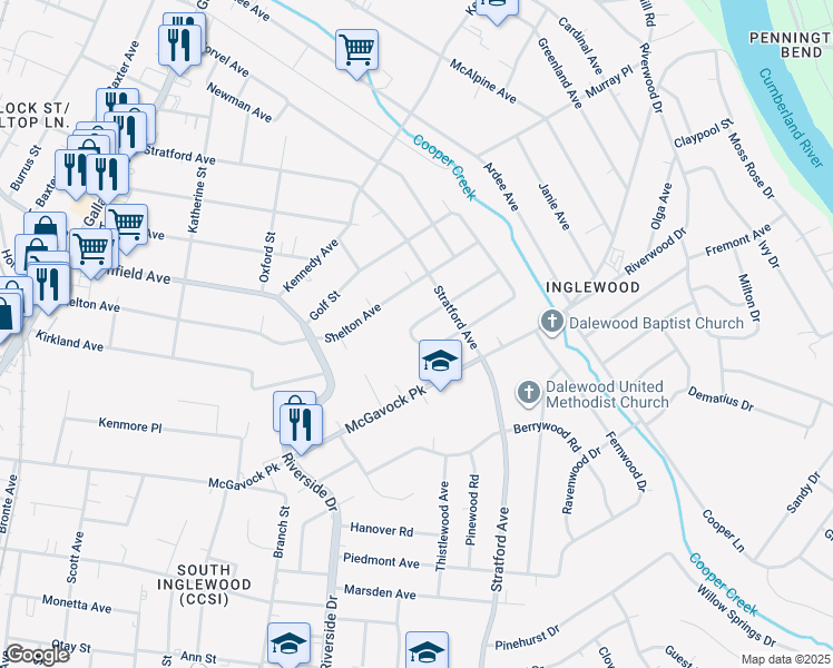 map of restaurants, bars, coffee shops, grocery stores, and more near 3715 Inglewood Circle North in Nashville