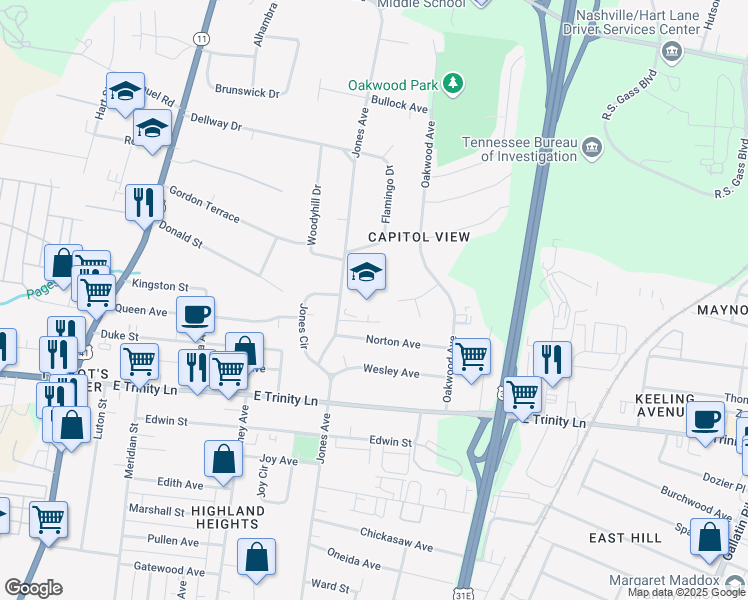 map of restaurants, bars, coffee shops, grocery stores, and more near 2201 Jones Avenue in Nashville