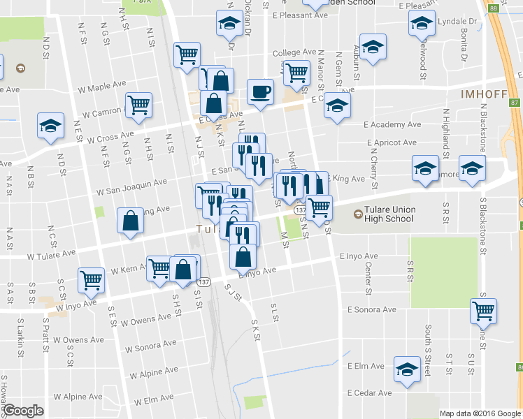 map of restaurants, bars, coffee shops, grocery stores, and more near 304 East Tulare Avenue in Tulare
