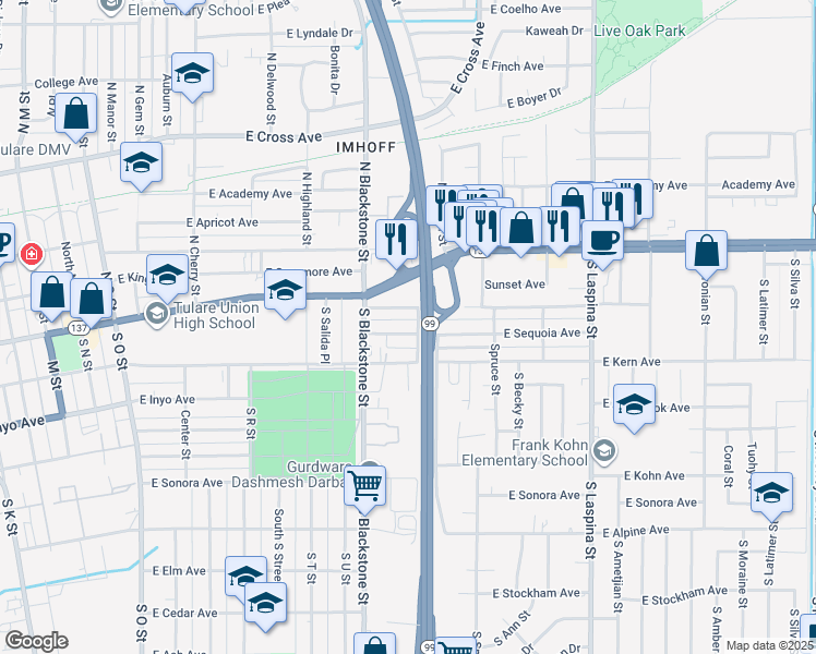 map of restaurants, bars, coffee shops, grocery stores, and more near 1204 East Sequoia Avenue in Tulare