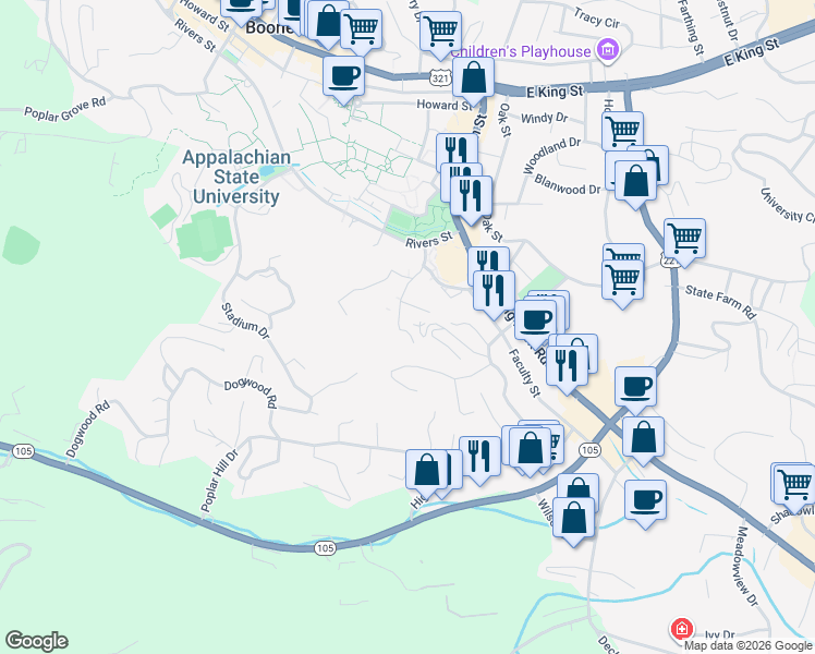 map of restaurants, bars, coffee shops, grocery stores, and more near 284 Hill Street in Boone