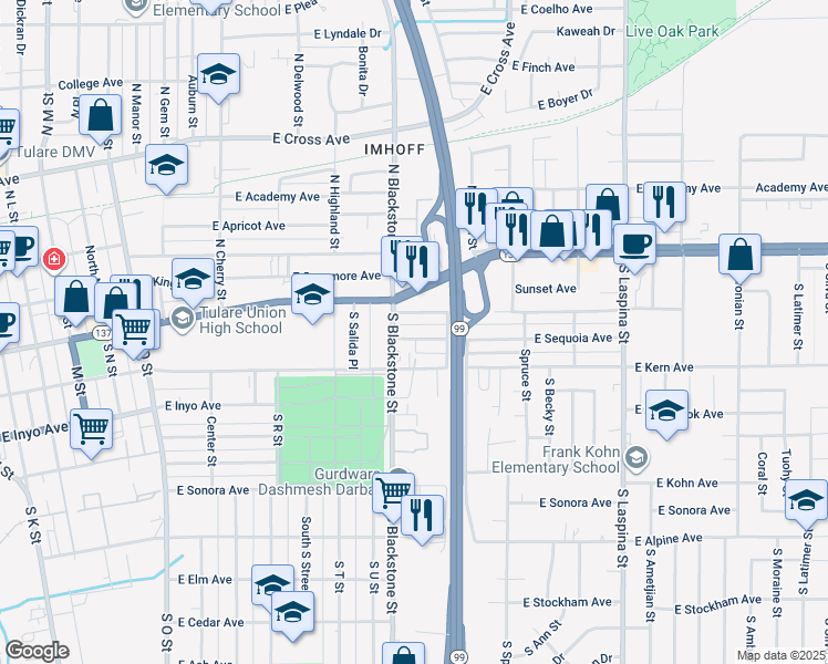 map of restaurants, bars, coffee shops, grocery stores, and more near 1150 East Sequoia Avenue in Tulare