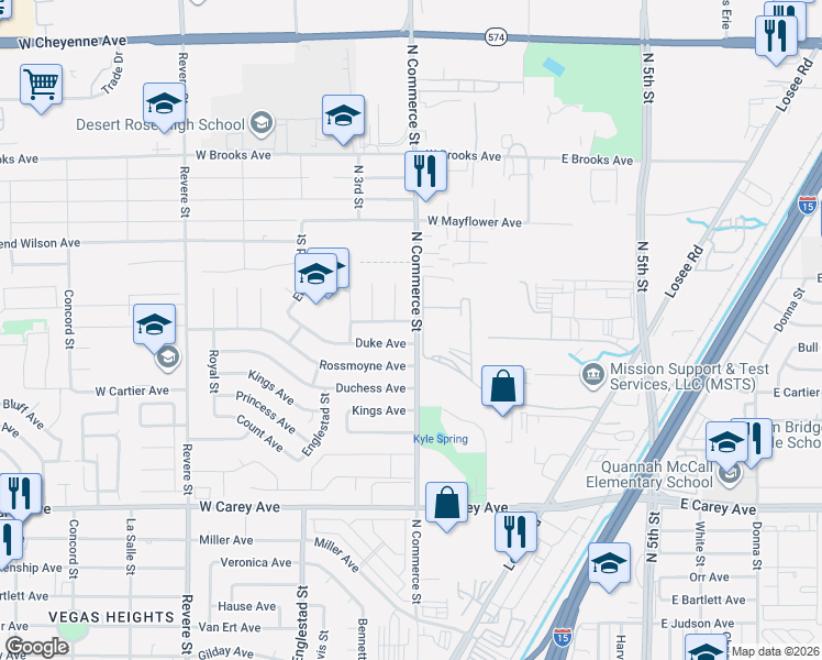 map of restaurants, bars, coffee shops, grocery stores, and more near 300 Duke Avenue in North Las Vegas