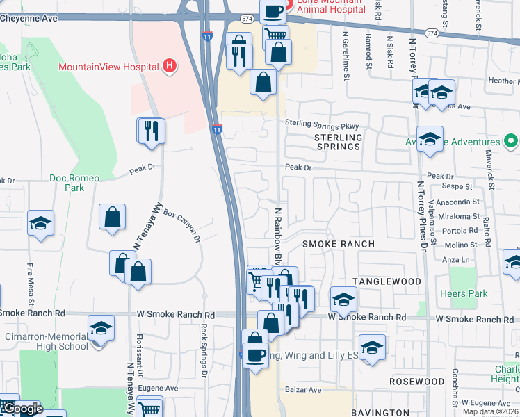 map of restaurants, bars, coffee shops, grocery stores, and more near 2701 North Rainbow Boulevard in Las Vegas