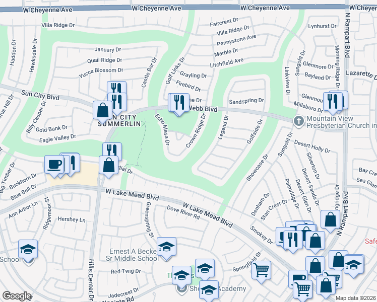 map of restaurants, bars, coffee shops, grocery stores, and more near 2749 Echo Mesa Drive in Las Vegas