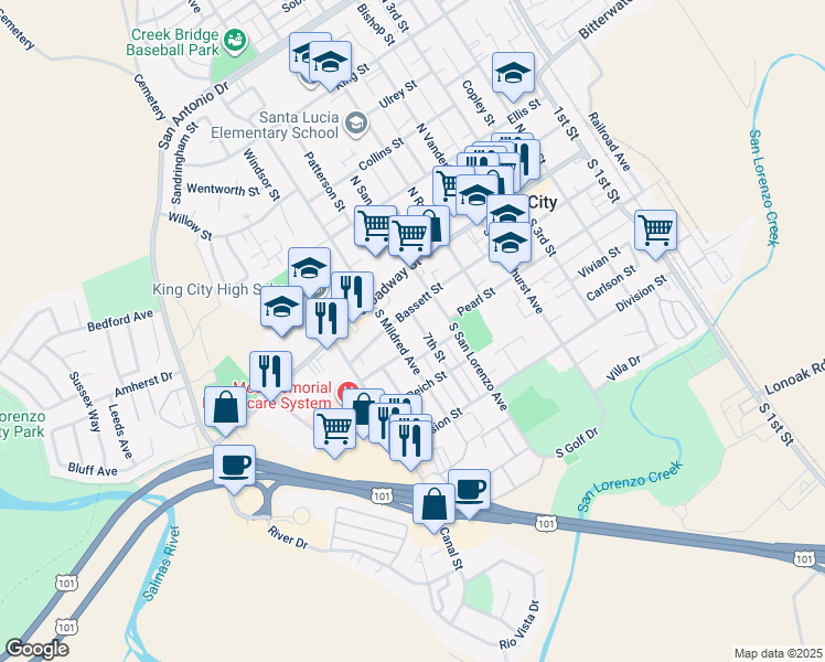 map of restaurants, bars, coffee shops, grocery stores, and more near 211 South Mildred Avenue in King City