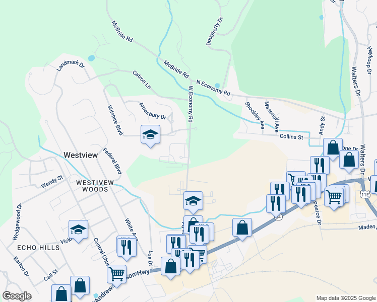 map of restaurants, bars, coffee shops, grocery stores, and more near 555 West Economy Road in Morristown