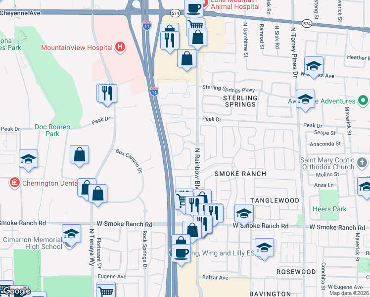 map of restaurants, bars, coffee shops, grocery stores, and more near 2701 North Rainbow Boulevard in Las Vegas