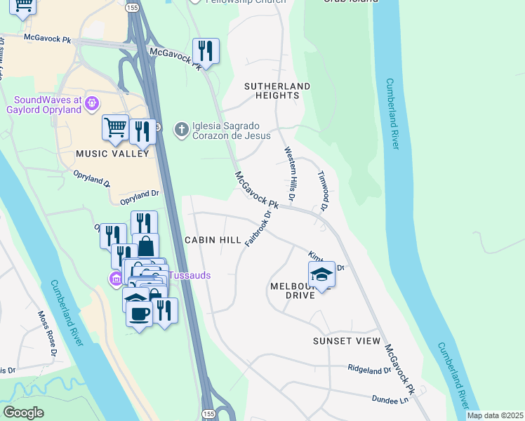 map of restaurants, bars, coffee shops, grocery stores, and more near 2460 Fairbrook Drive in Nashville