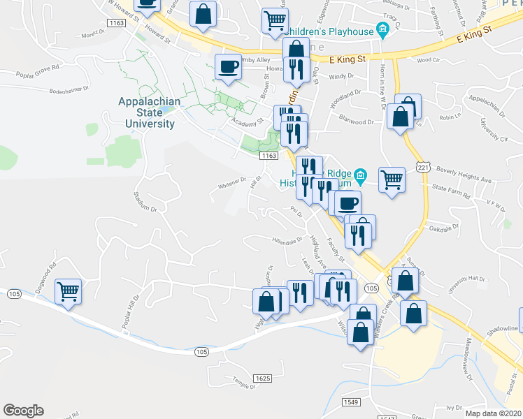 map of restaurants, bars, coffee shops, grocery stores, and more near 221 Misty Lane in Boone