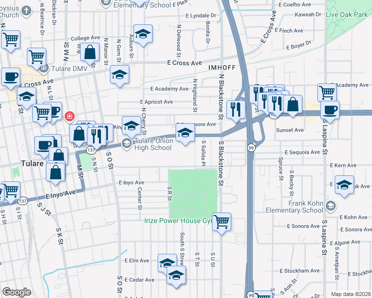 map of restaurants, bars, coffee shops, grocery stores, and more near 955 East Tulare Avenue in Tulare
